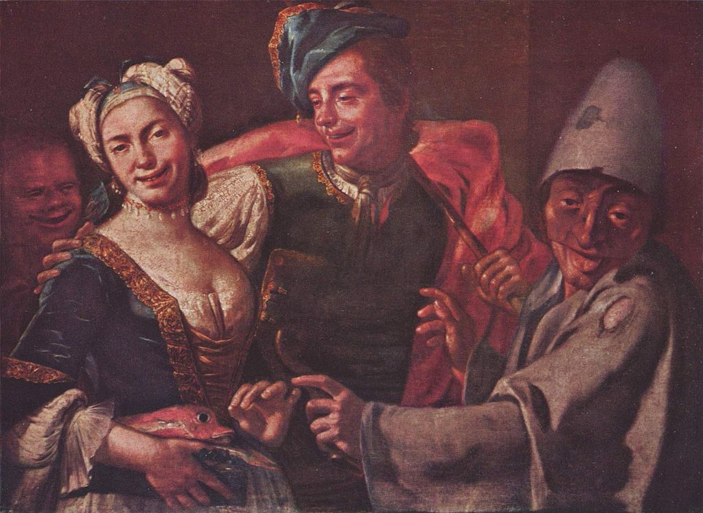 Genre Scene with Carnival Characters, vintage artwork by Giuseppe Bonito, 12x8" (A4) Poster