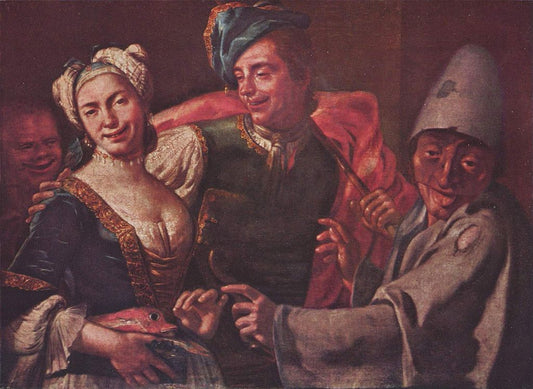 Genre Scene with Carnival Characters, vintage artwork by Giuseppe Bonito, 12x8" (A4) Poster