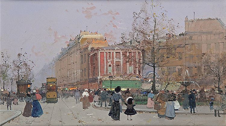 Place Pigalle, Paris, vintage artwork by Eugene Galien-Laloue, 12x8" (A4) Poster
