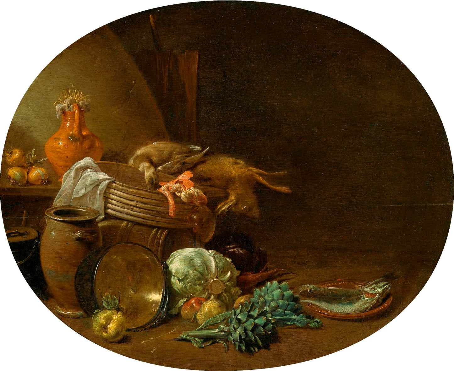A Kitchen Still Life of a Hare, a Mallard, Artichokes, Cabbage, a Fish, etc., vintage artwork by Jan Olis, 12x8" (A4) Poster