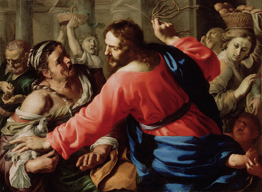 Christ Cleansing the Temple, vintage artwork by Bernardino Mei, 12x8" (A4) Poster