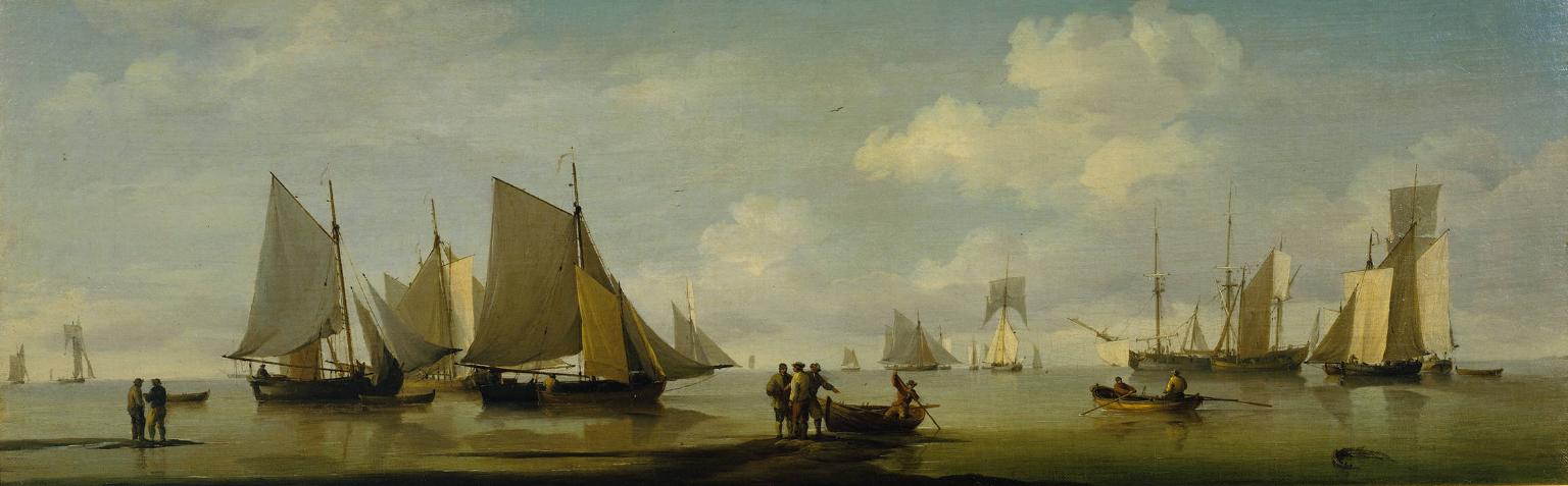 Fishing Smacks Becalmed near a Shore, vintage artwork by Charles Brooking, 12x8" (A4) Poster