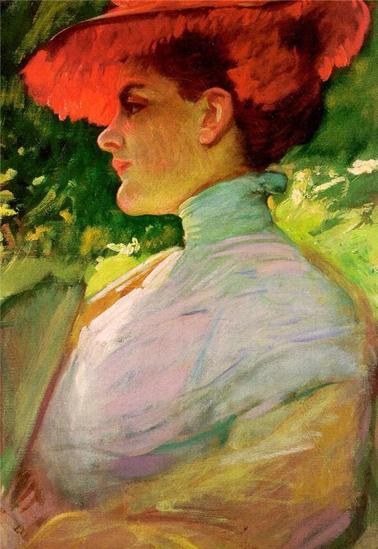 Lady With a Red Hat, vintage artwork by Frank Duveneck, 12x8" (A4) Poster