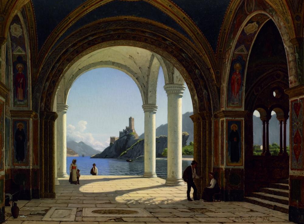 View of Lake Garda, vintage artwork by John Peter Kornbeck, 12x8" (A4) Poster