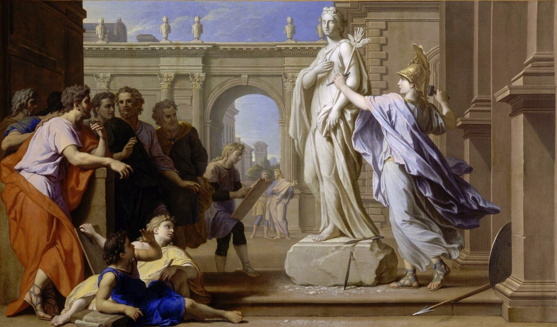 Story of Minerva - Minerva Teaching the Art of Sculpture to the People of Rhodes, vintage artwork by Rene-Antoine Houasse, 12x8" (A4) Poster