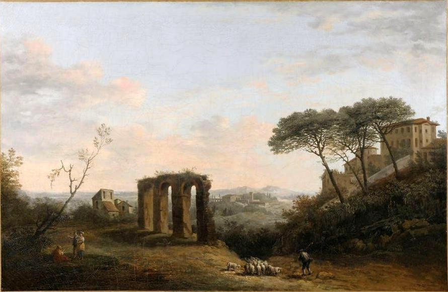 Italian Landscape with an Aqueduc, vintage artwork by Cesar Van Loo, 12x8" (A4) Poster