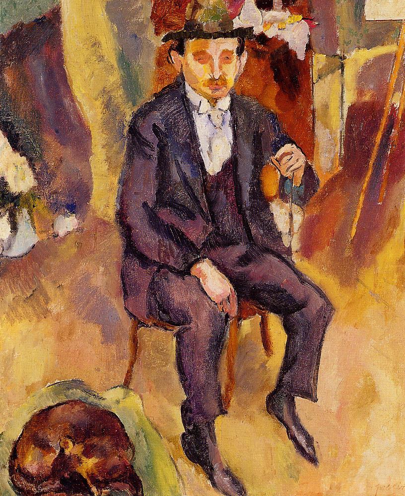 German Painter with Dog in the Studio, vintage artwork by Jules Pascin, 12x8" (A4) Poster