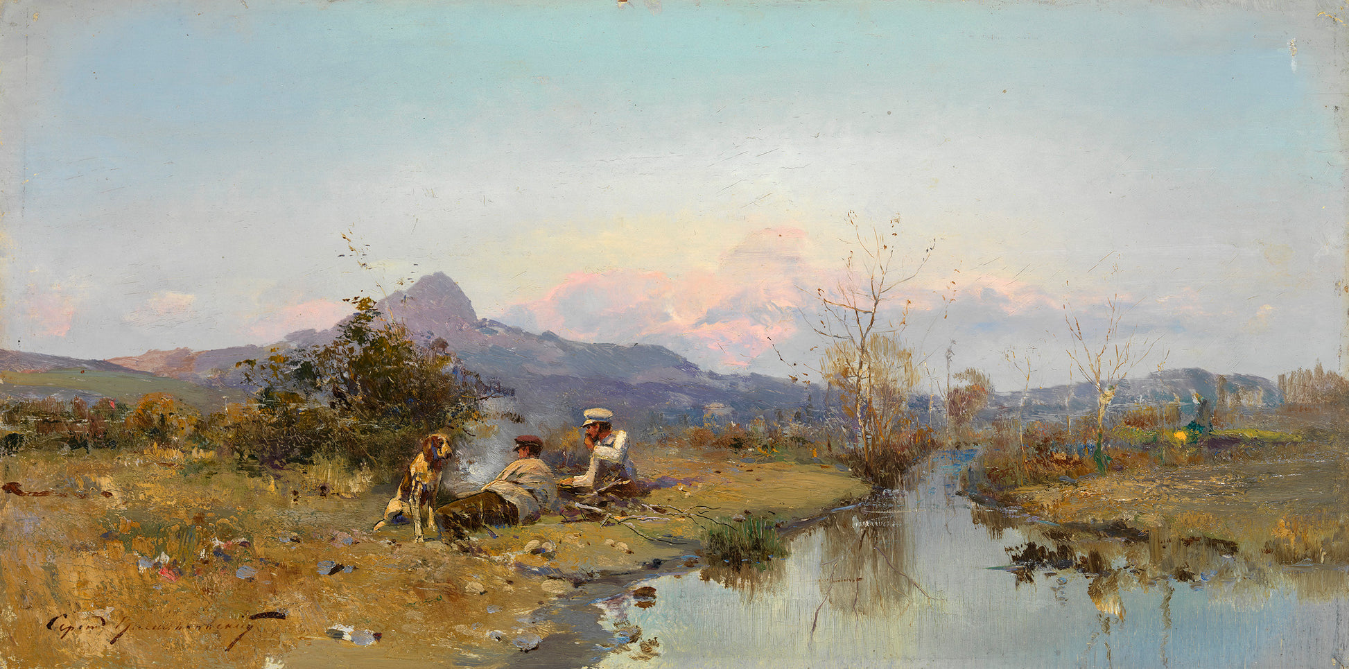 Hunters at Rest, vintage artwork by Sergei Ivanovich Vasilkovsky, 12x8" (A4) Poster