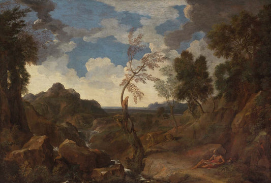 Landscape with Saint Jerome and the Lion, vintage artwork by Gaspard Dughet, 12x8" (A4) Poster