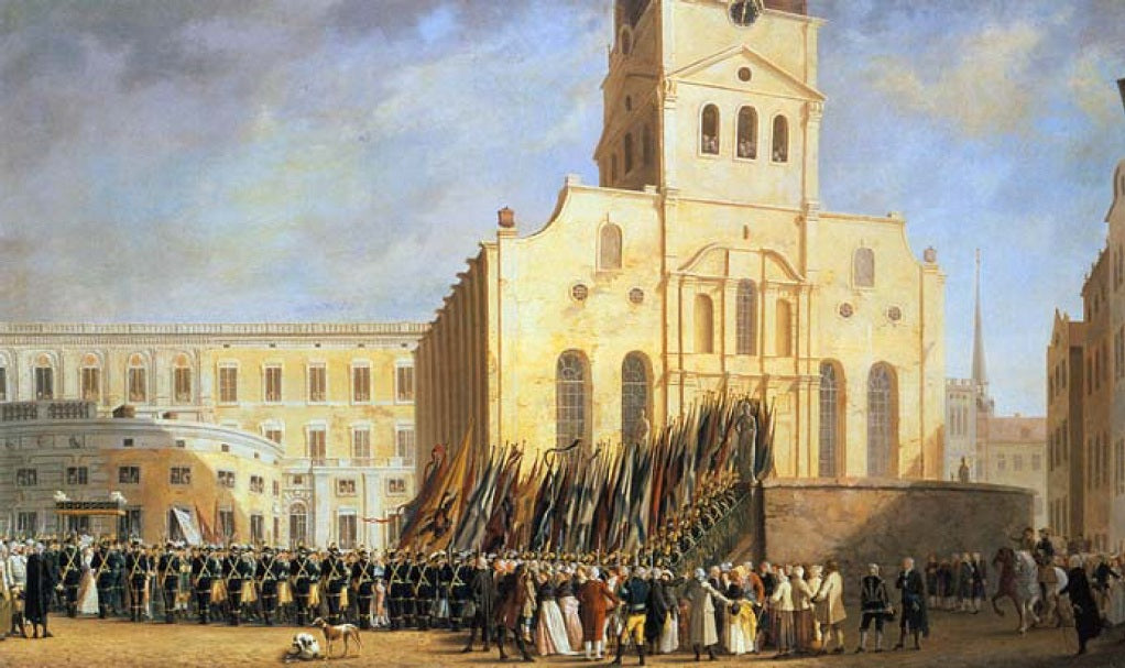 Procession in Stockholm after the Victory at the Swedish Sund, vintage artwork by Pehr Hilleström, 12x8" (A4) Poster