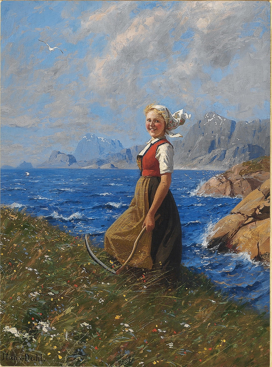 Girl with Sickle, vintage artwork by Hans Dahl, 12x8" (A4) Poster