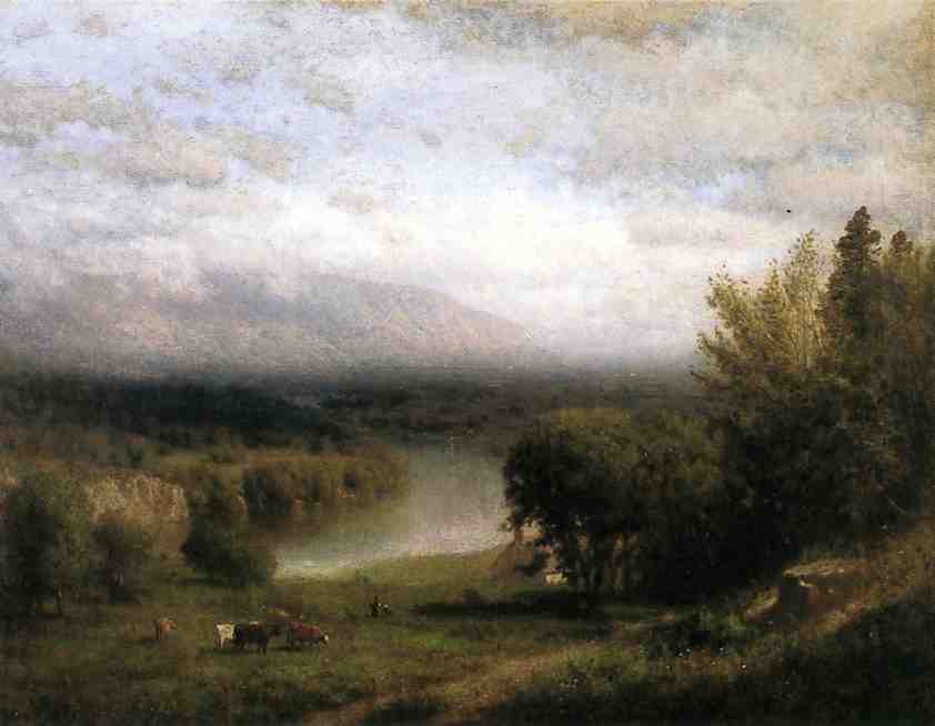 Farmhouse in a River Valley, vintage artwork by Alexander Helwig Wyant, 12x8" (A4) Poster