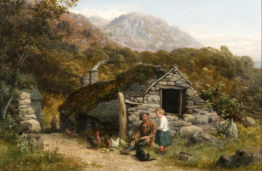 Figures and chickens before a stone cottage, vintage artwork by William Bromley, III, A3 (16x12") Poster Print