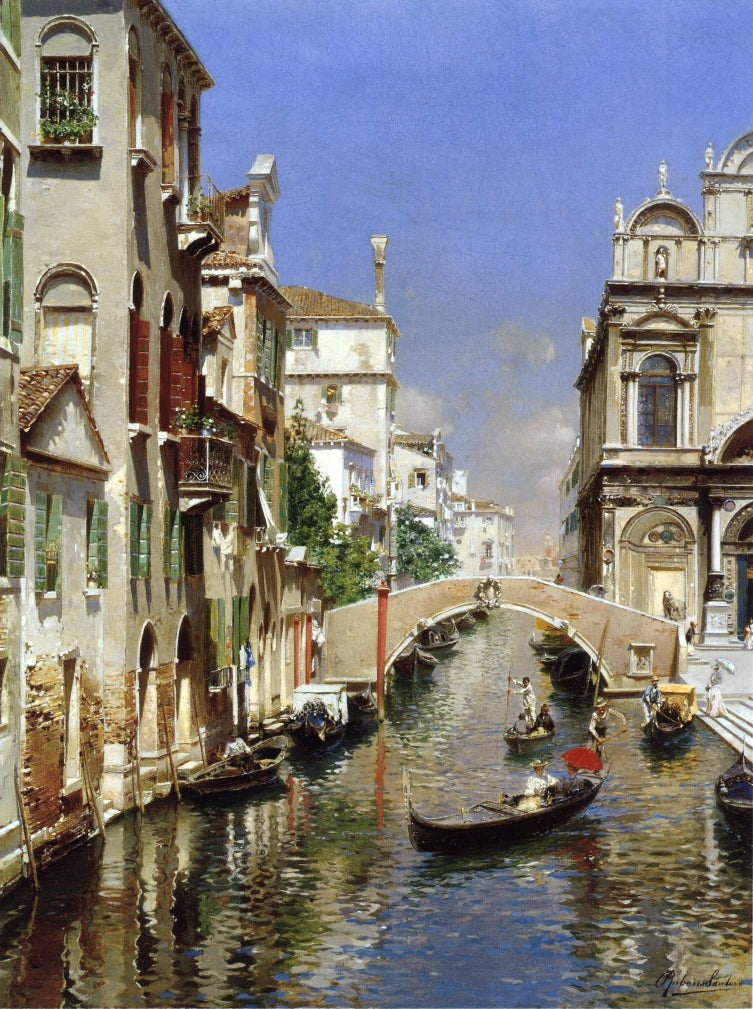 A Venetian Canal with the Scoula Grande di San Marco and Campo San Giovanni e Paolo, Venice, vintage artwork by Rubens Santoro, 12x8" (A4) Poster