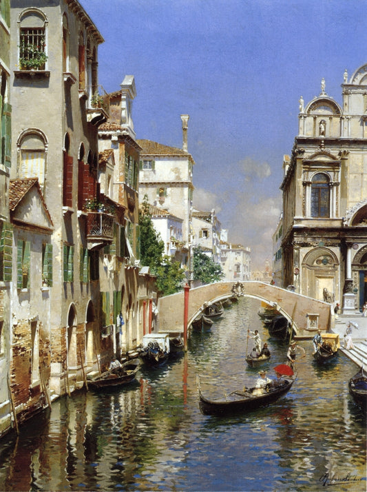 A Venetian Canal with the Scoula Grande di San Marco and Campo San Giovanni e Paolo, Venice, vintage artwork by Rubens Santoro, 12x8" (A4) Poster