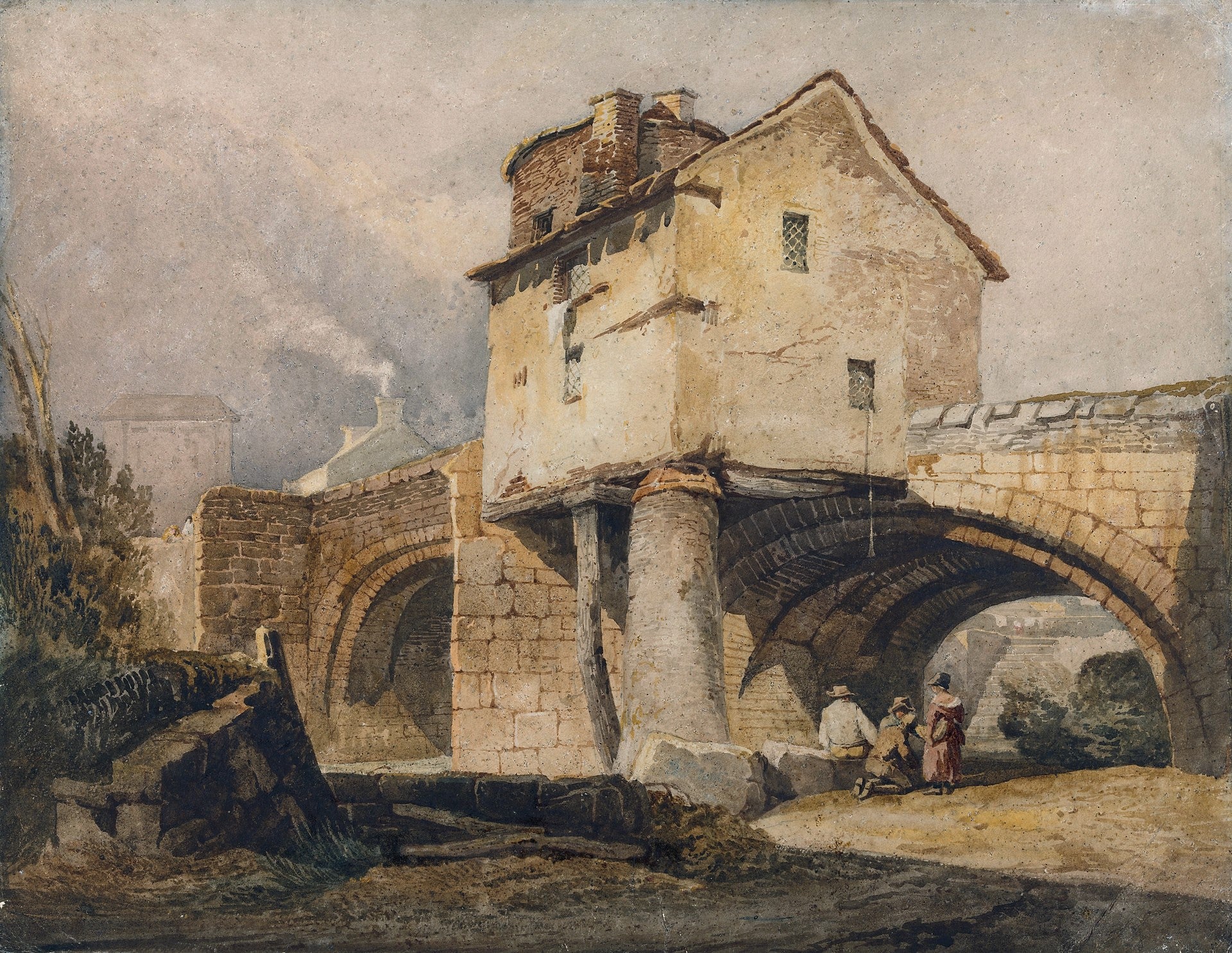 The Monnow Bridge, Monmouthshire, vintage artwork by Samuel Prout, A3 (16x12") Poster Print