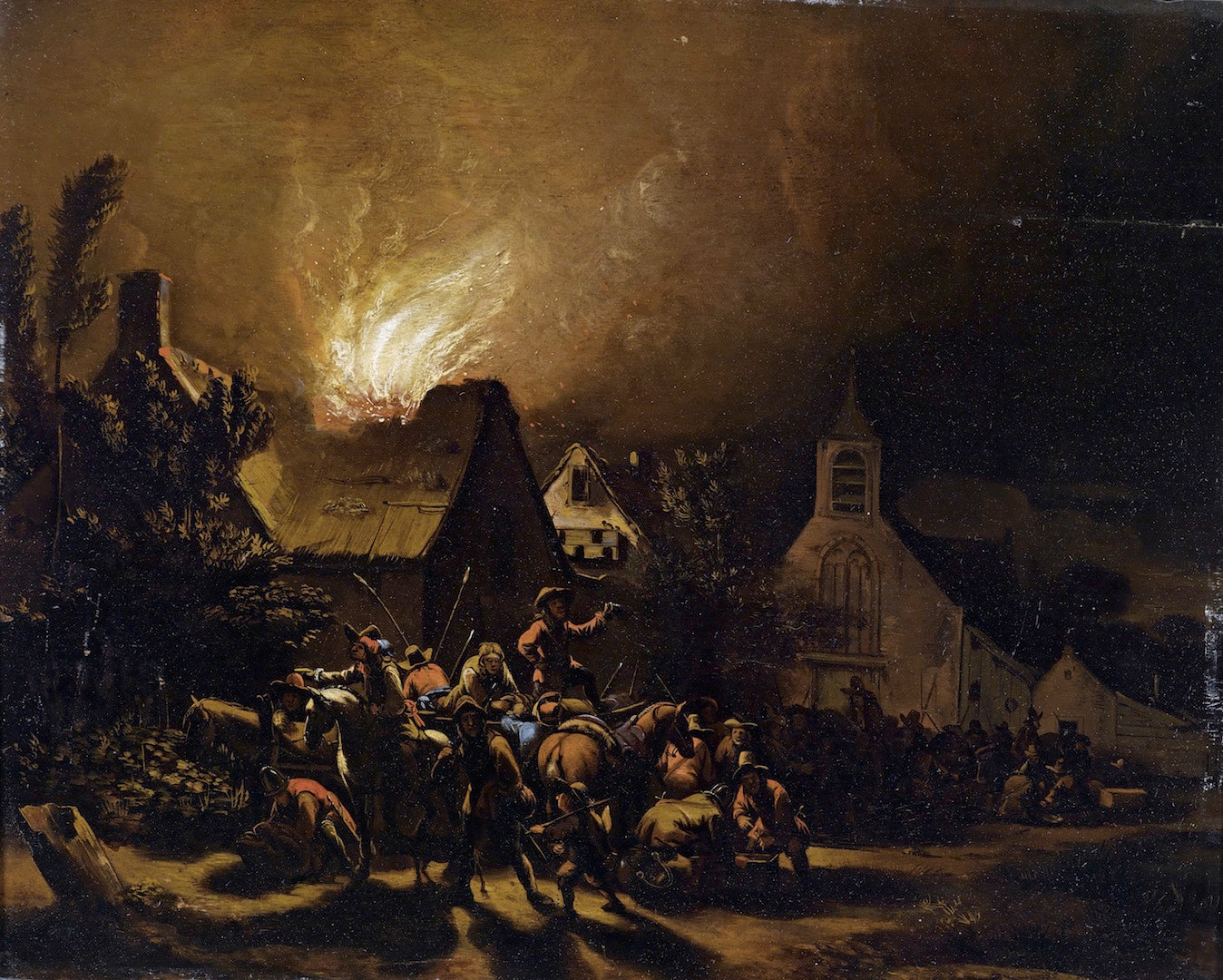 Marauders in front of a burning village, vintage artwork by Egbert van der Poel, 12x8" (A4) Poster