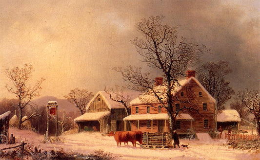 Oxen Hauling Logs on a Sled, vintage artwork by George Henry Durrie, A3 (16x12") Poster Print