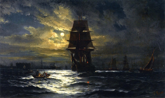 Ships in New York Harbor at Night, vintage artwork by Frederick Rondel, 12x8" (A4) Poster