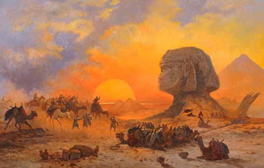 A Bedouin Caravan at the Feet of the Sphinx, vintage artwork by Cesare Biseo, 12x8" (A4) Poster