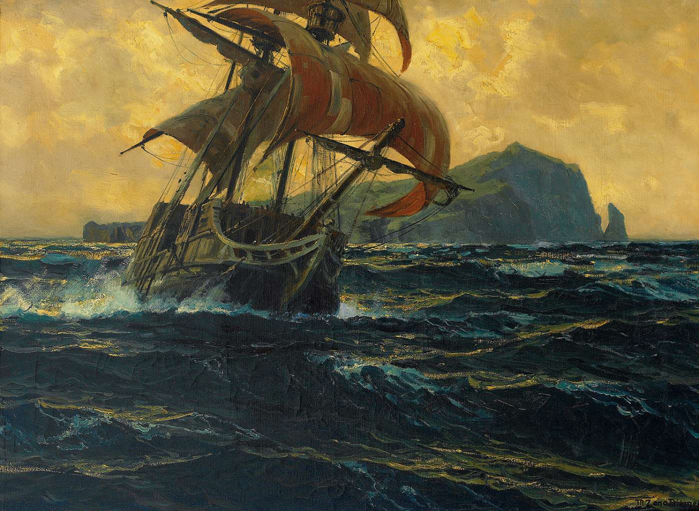 with billowing sails before Helgoland by Michael Zeno Diemer,A3(16x12")Poster