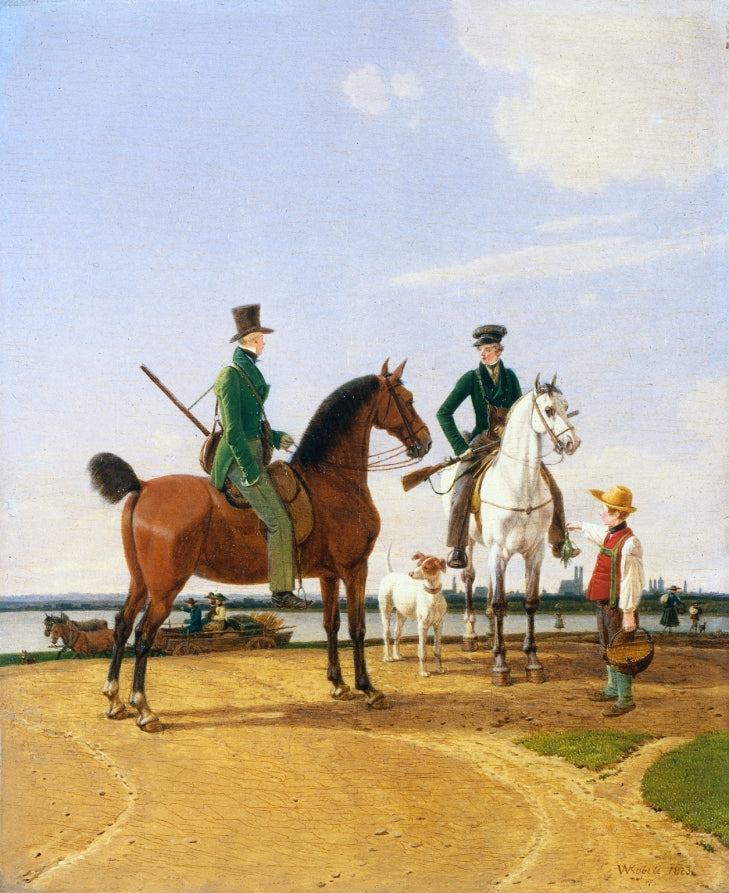 Hunter and Lord at the River Isar with View of Munich, vintage artwork by Wilhelm von Kobell, 12x8" (A4) Poster