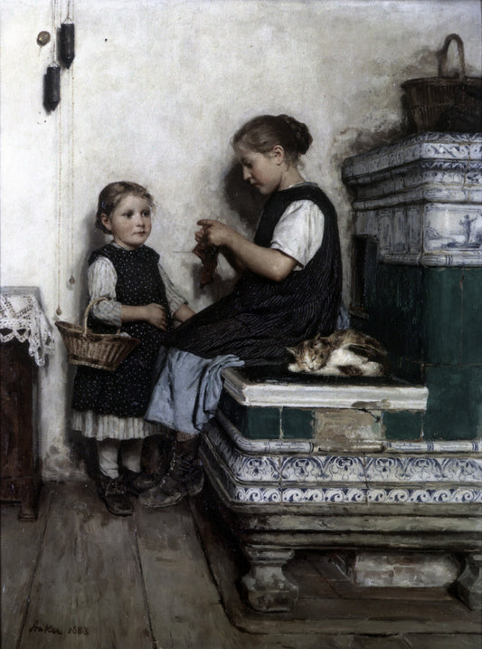 Girl Knitting girl on Bench with Little Sister, vintage artwork by Albert Anker, 12x8" (A4) Poster