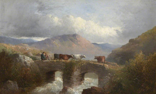 Herdsman with Cattle Crossing Bridge, vintage artwork by George Morland, 12x8" (A4) Poster
