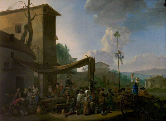 A Village Festival with Peasants Merrymaking Outside an Inn, vintage artwork by Johannes Lingelbach, 12x8" (A4) Poster