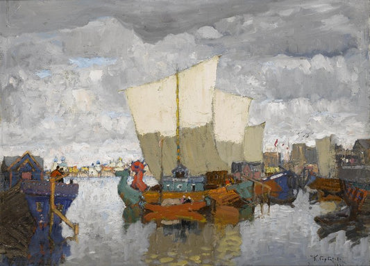 Anchored Boats, vintage artwork by Konstantin Gorbatov, 12x8" (A4) Poster
