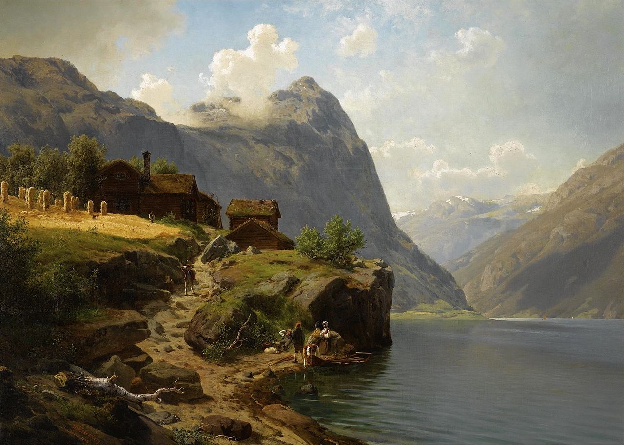 Figures in a mountainous river landscape, vintage artwork by Johan Fredrik Eckersberg, A3 (16x12") Poster Print