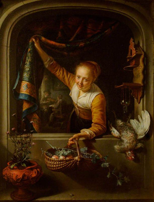 Girl with a Basket of Fruit at a Window, vintage artwork by Gerrit Dou, 12x8" (A4) Poster