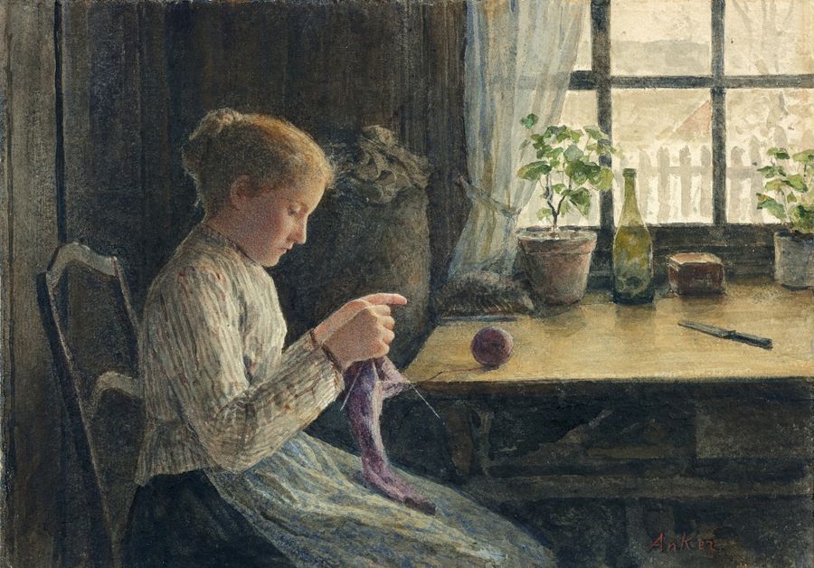 Girl Knitting by  the Window, vintage artwork by Albert Anker, 12x8" (A4) Poster