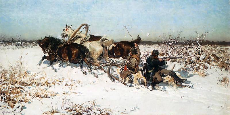 Attacked by  Wolves, vintage artwork by Alfred von Wierusz-Kowalski, 12x8" (A4) Poster