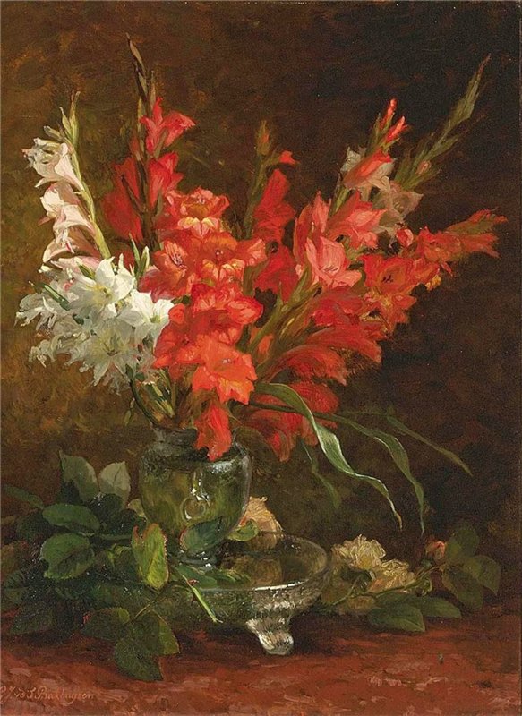 A Still Life with gladioli and roses, vintage artwork by Geraldine Jacoba van de Sande Bakhuyzen, 12x8" (A4) Poster