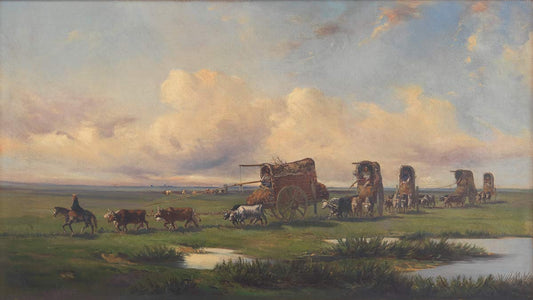 A caravan of gauchos and their wagons crossing the pampas, vintage artwork by Jean Leon Pallière, 12x8" (A4) Poster