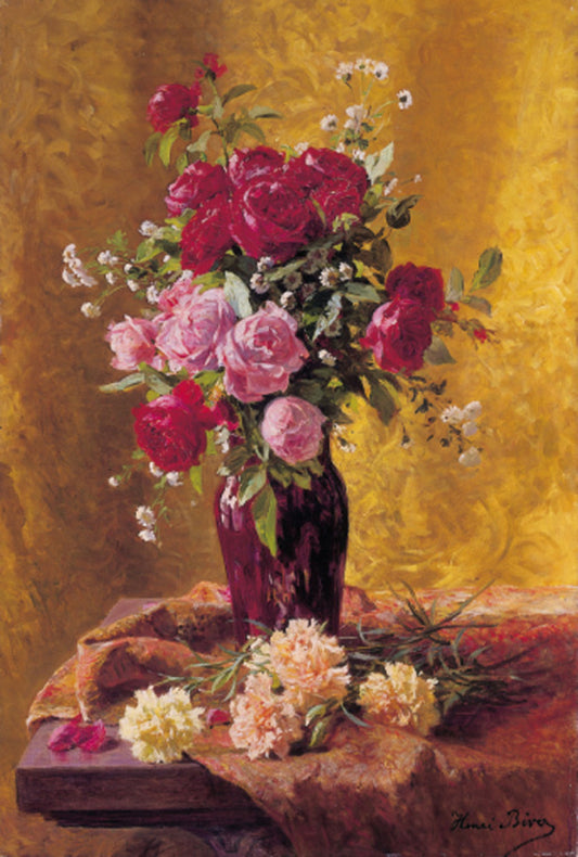A vase of roses with carnations on a draped table, vintage artwork by Henri Biva, 12x8" (A4) Poster