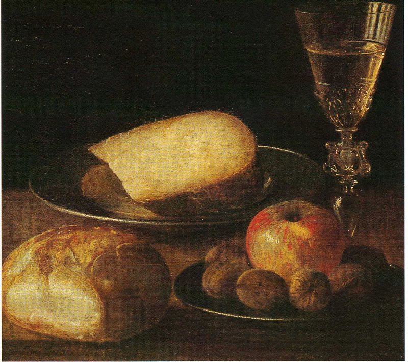 Still Life with Fruit, Cheese and Bread, vintage artwork by Sebastien Stoskopff, 12x8" (A4) Poster