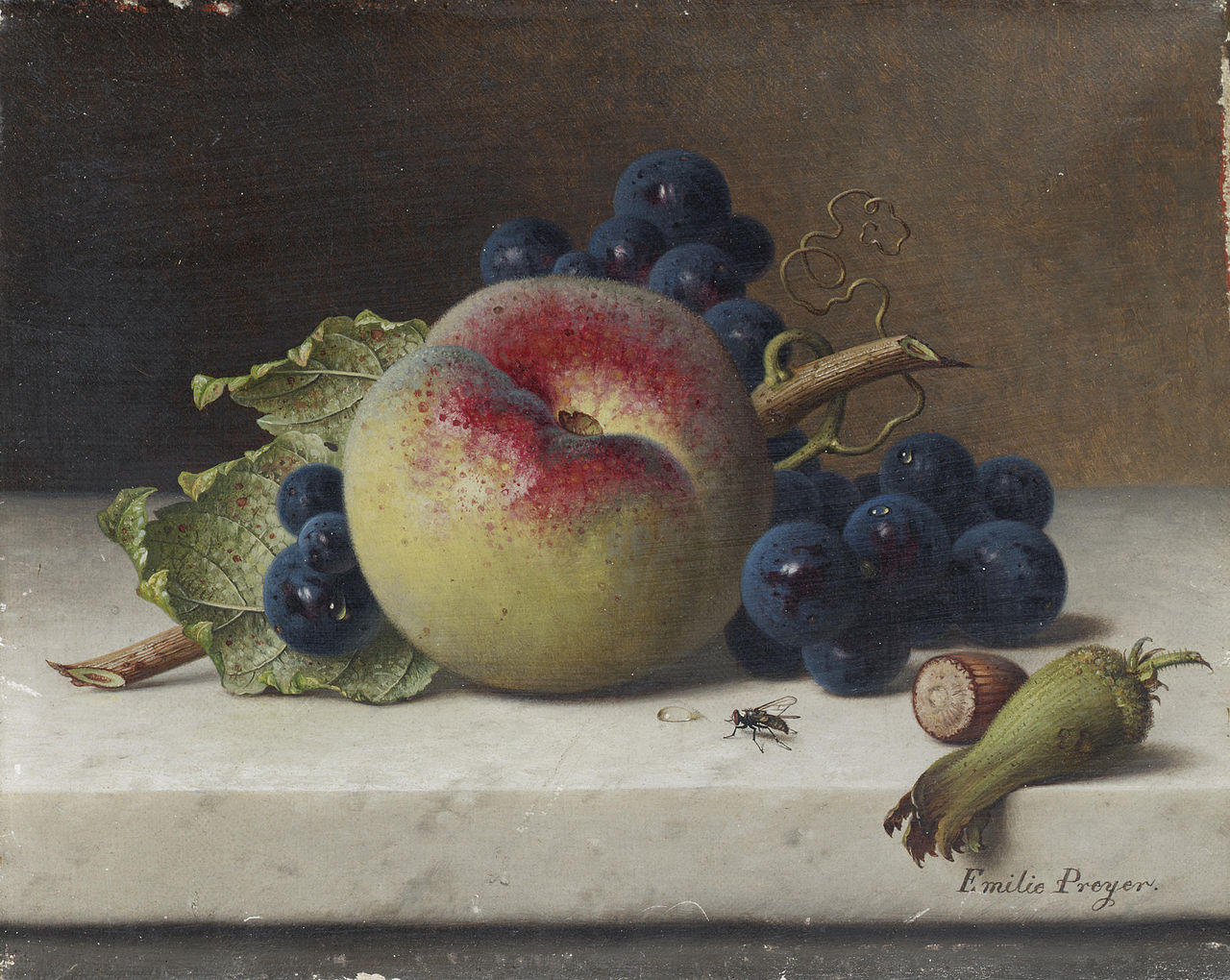Still Life of Fruit and Nuts on a Ledge, vintage artwork by Emilie Preyer, 12x8" (A4) Poster