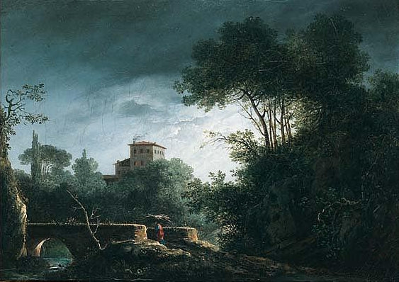 Southern Landscape with a Figure Crossing a Bridge at Dusk, vintage artwork by Cesar Van Loo, 12x8" (A4) Poster