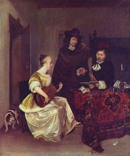 A Woman Playing a Theorbo to Two Men, vintage artwork by Gerard ter Borch, 12x8" (A4) Poster