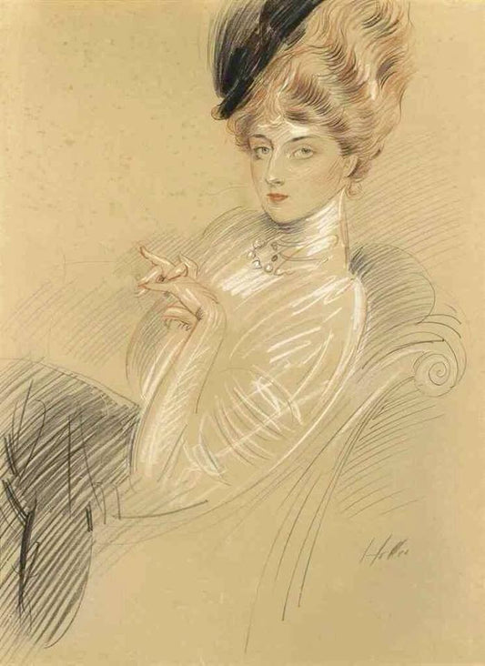 Portrait de Marthe Letellier au chapeau black, vintage artwork by Paul Cesar Helleu, 12x8" (A4) Poster