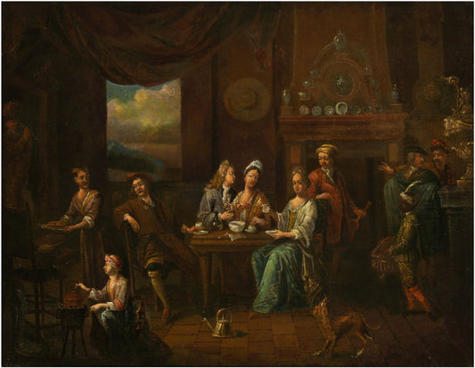 Courtly company at table, vintage artwork by Jan Josef Horemans the Elder, 12x8" (A4) Poster