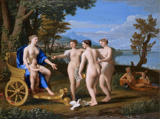 A Classical Landscape with Venus and Cupid Accompagnied by  the Three Graces, vintage artwork by Nicolas Colombel, 12x8" (A4) Poster