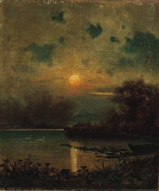 Moonlight on the lake, vintage artwork by Alfred Wahlberg, 12x8" (A4) Poster