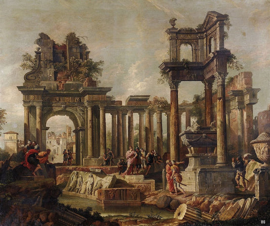 Capriccio with Ruins and Figures., vintage artwork by Giovanni Paolo Panini, 12x8" (A4) Poster