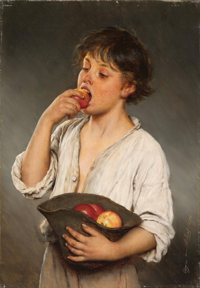 Boy eating an apple, vintage artwork by Eugene von Blaas, 12x8" (A4) Poster