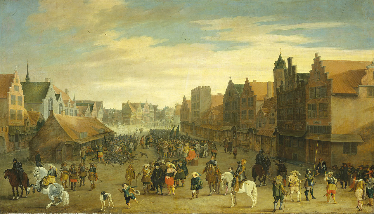 The disbanding of the 'waardgelders'  by  Prince Maurice on the Neude, Utrecht, 31 July 1618, vintage artwork by Pauwels van Hillegaert, 12x8" (A4) Poster