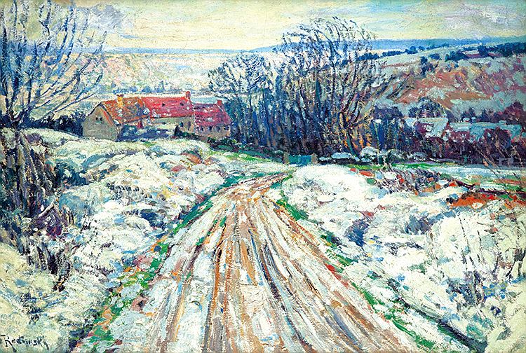 Winter landscape in Normandy, vintage artwork by Václav Radimský, 12x8" (A4) Poster