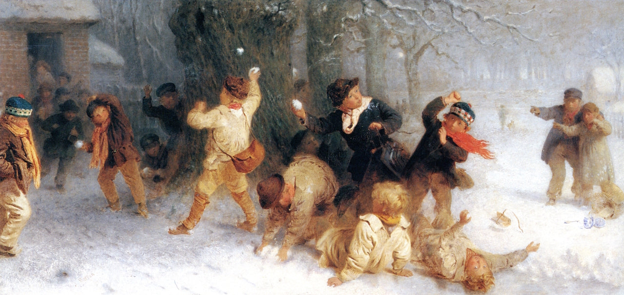 A Winter Landscape with Boys Snowballing, vintage artwork by John Morgan, 12x8" (A4) Poster